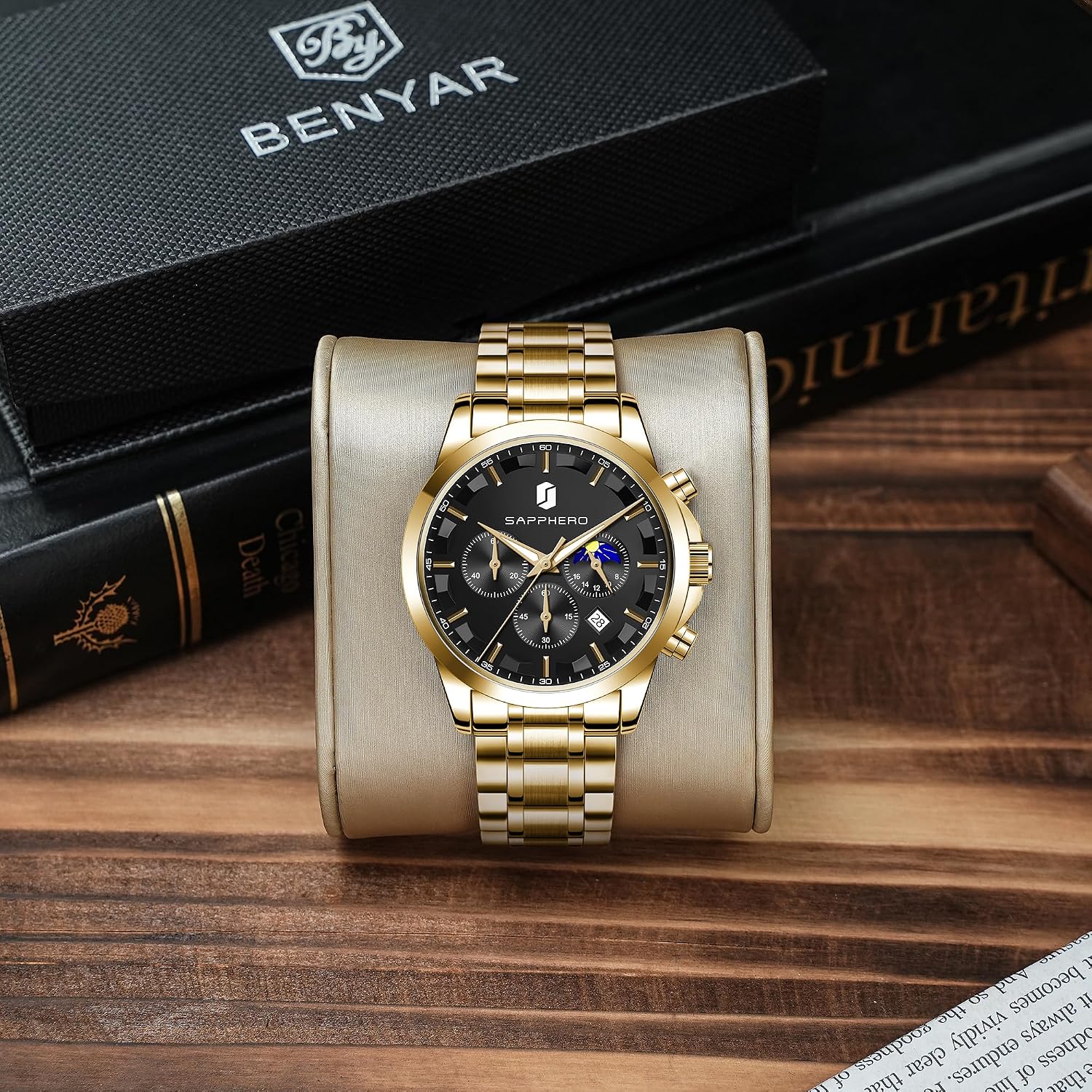 Detalle 2 de BENYAR BY Orologi uomo multifunzione cronografo al quarzo nero con cinturino in pelle e datario