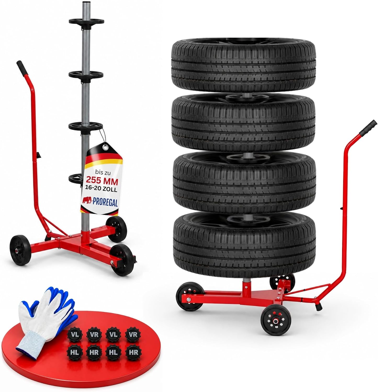PROREGAL Felgenbaumwagen CARRERO – Reifenständer für Autoreifen bis 225 mm, 118 x 85 x 58 cm, rot