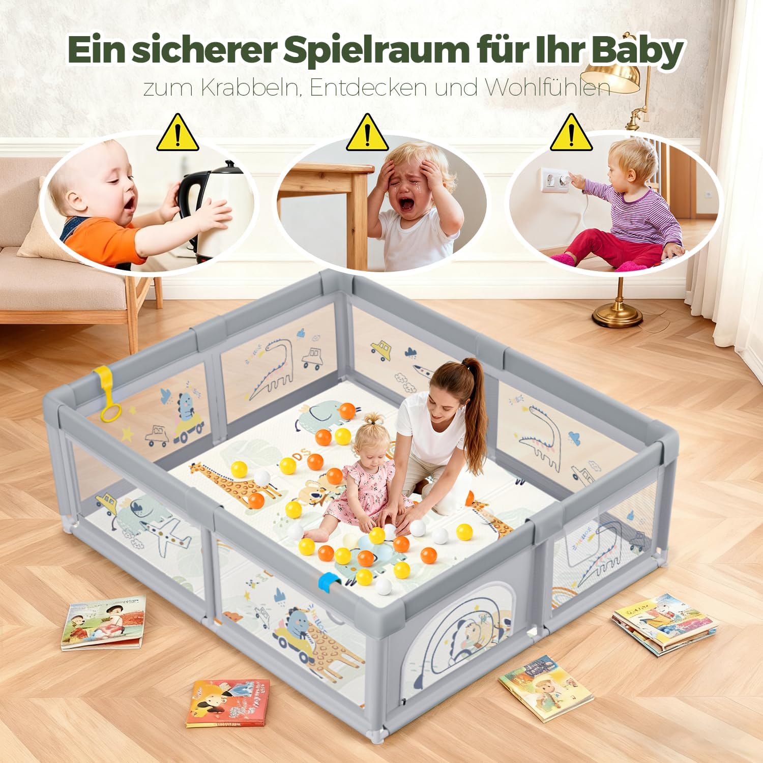 Thumbnail 1 de SOFTHOM Box Bambini 180x200 con tappeto, rete 360° e 60 palline – recinto per bimbi con laterali a zip