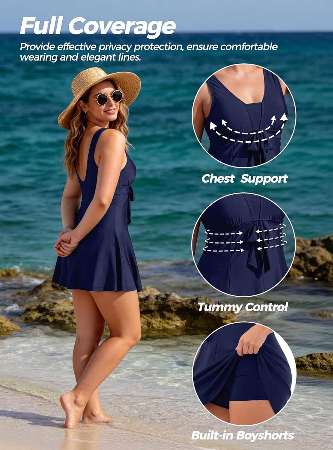 Detalle de Wantdo Women's Plus Size Swimwear One Piece Tummy Control Swimdress — Skirted Swimsuit
