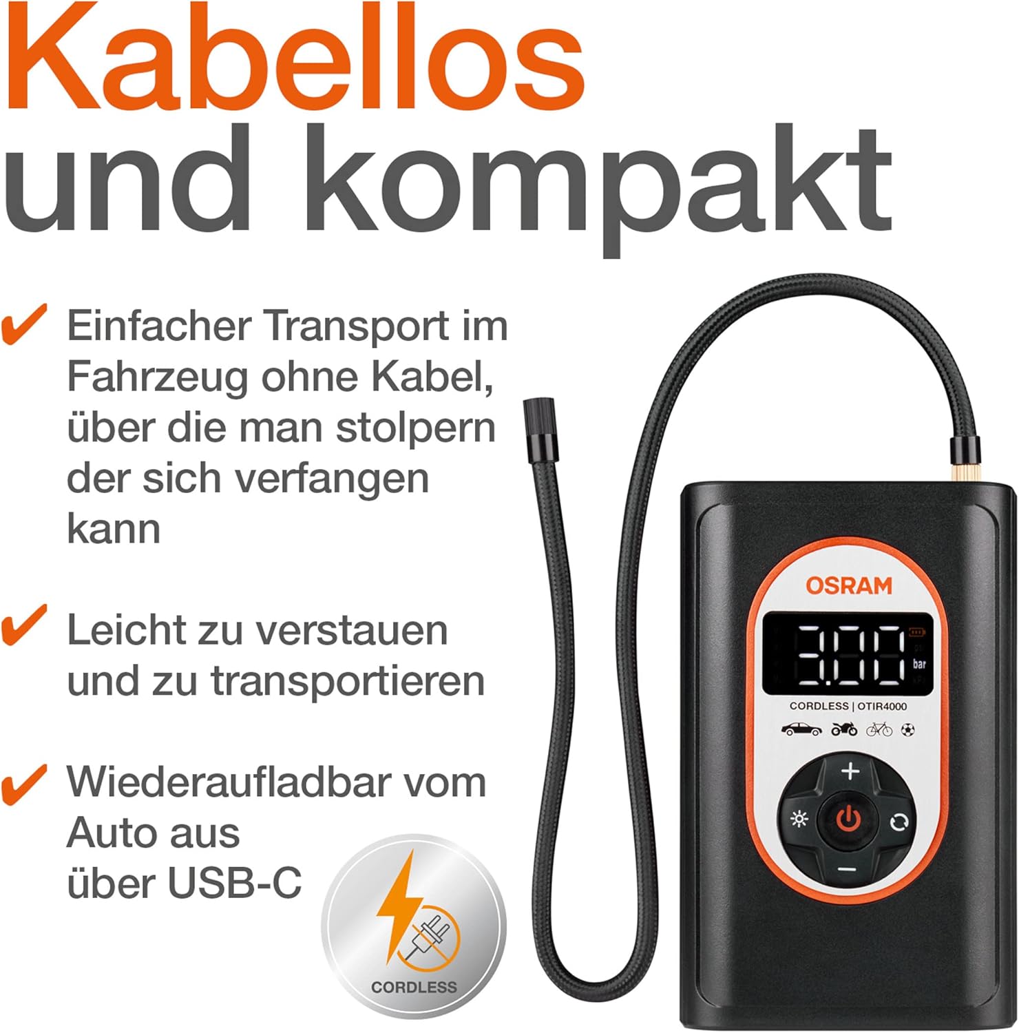 Thumbnail 2 de OSRAM TYREinflate 4000 – Kabelloser Reifenfüllkompressor mit Auto-Stopp und LED-Licht
