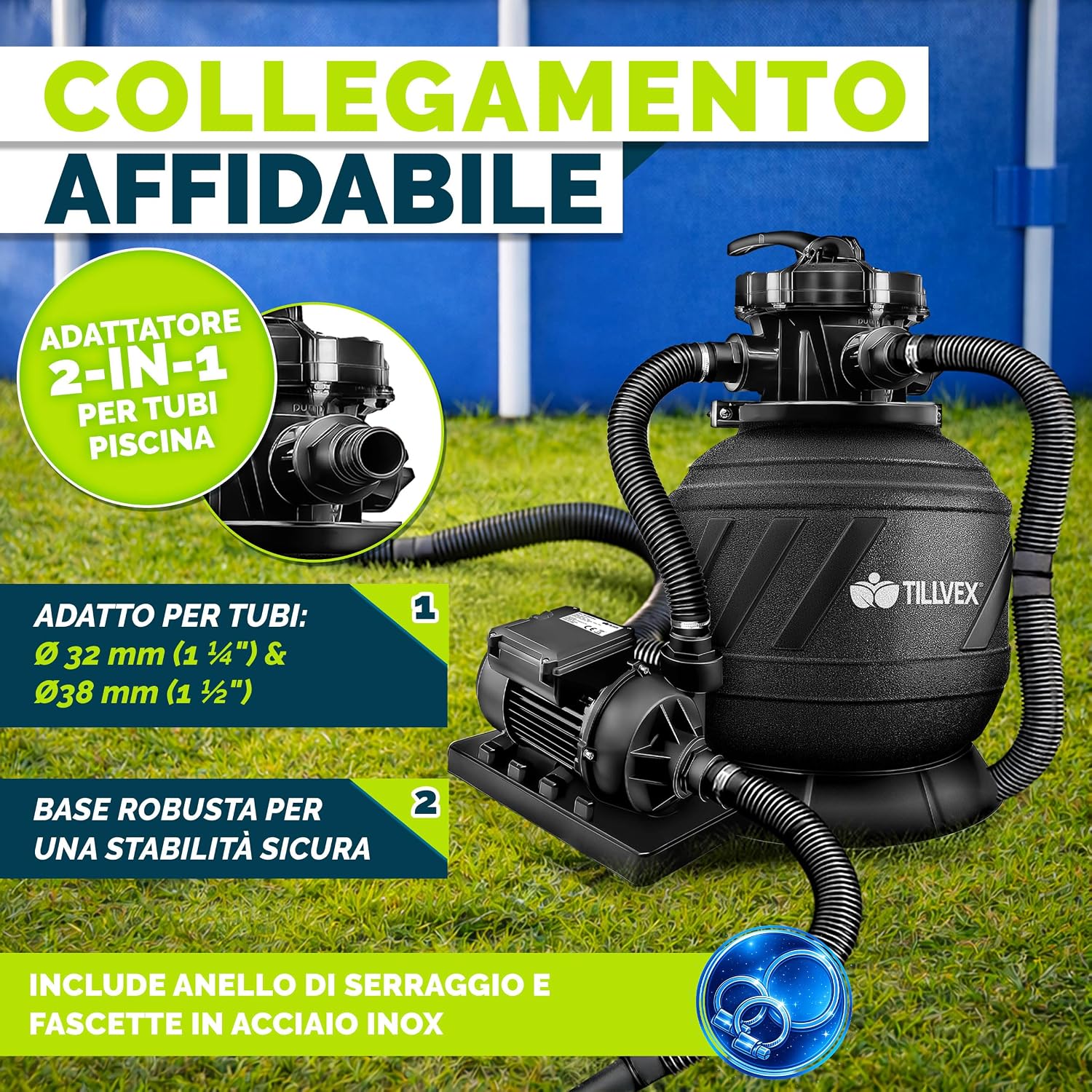 Detalle 2 de Pompa filtro piscina tillvex con portata 7.900 l/h e filtro a sabbia + valvola a 7 vie (adattatore 2in1 Ø32/38 mm)