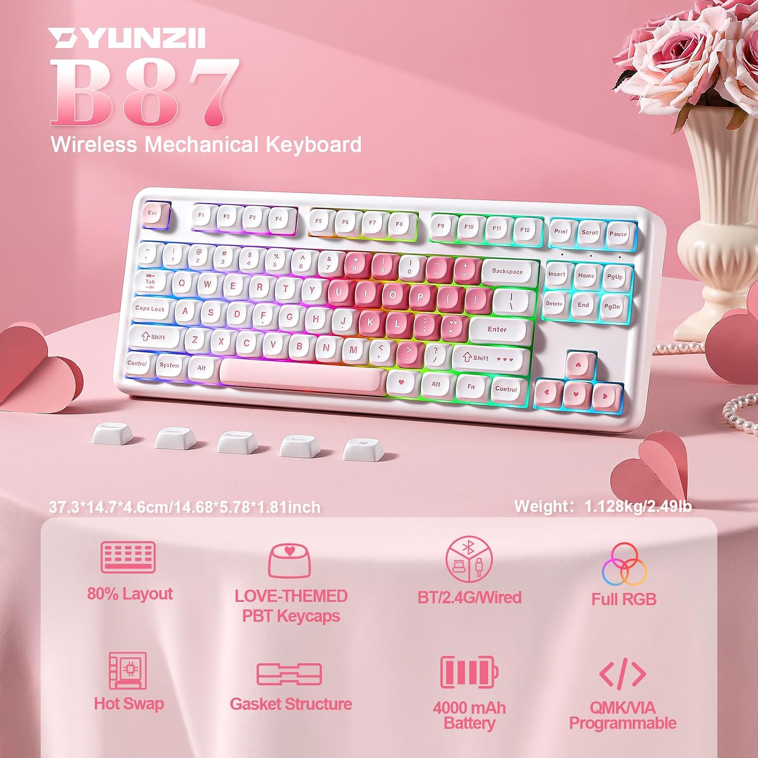 Thumbnail 1 de YUNZII B87 Drahtlose Mechanische Tastatur (QMK/VIA, Gasket, RGB) – 87 Tasten, BT 5.0/2,4G/USB‑C