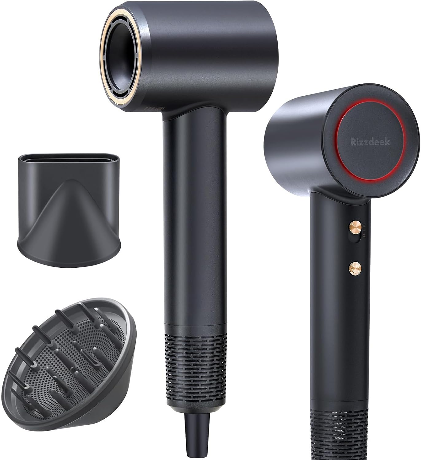 Detalle de Rizzdeek Ionic Hair Dryer with Diffuser, 1,627W, 68 m/s Airflow, Black