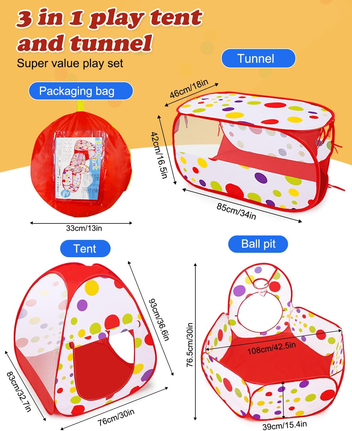 Thumbnail 3 de MAIKEHIGH 3 in 1 Kids Play Tent with Pop-Up Crawl Tunnel & Ball Pit (Foldable Indoor/Outdoor Playhouse)