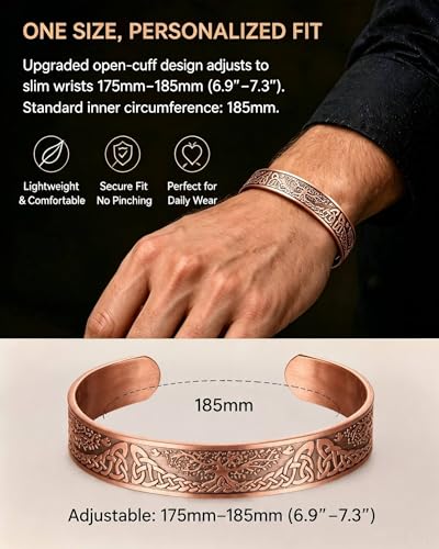 Detalle de BioMag Pure Copper Bracelet for Men and Women – 100% Solid, Uncoated Vintage Tree of Life Cuff