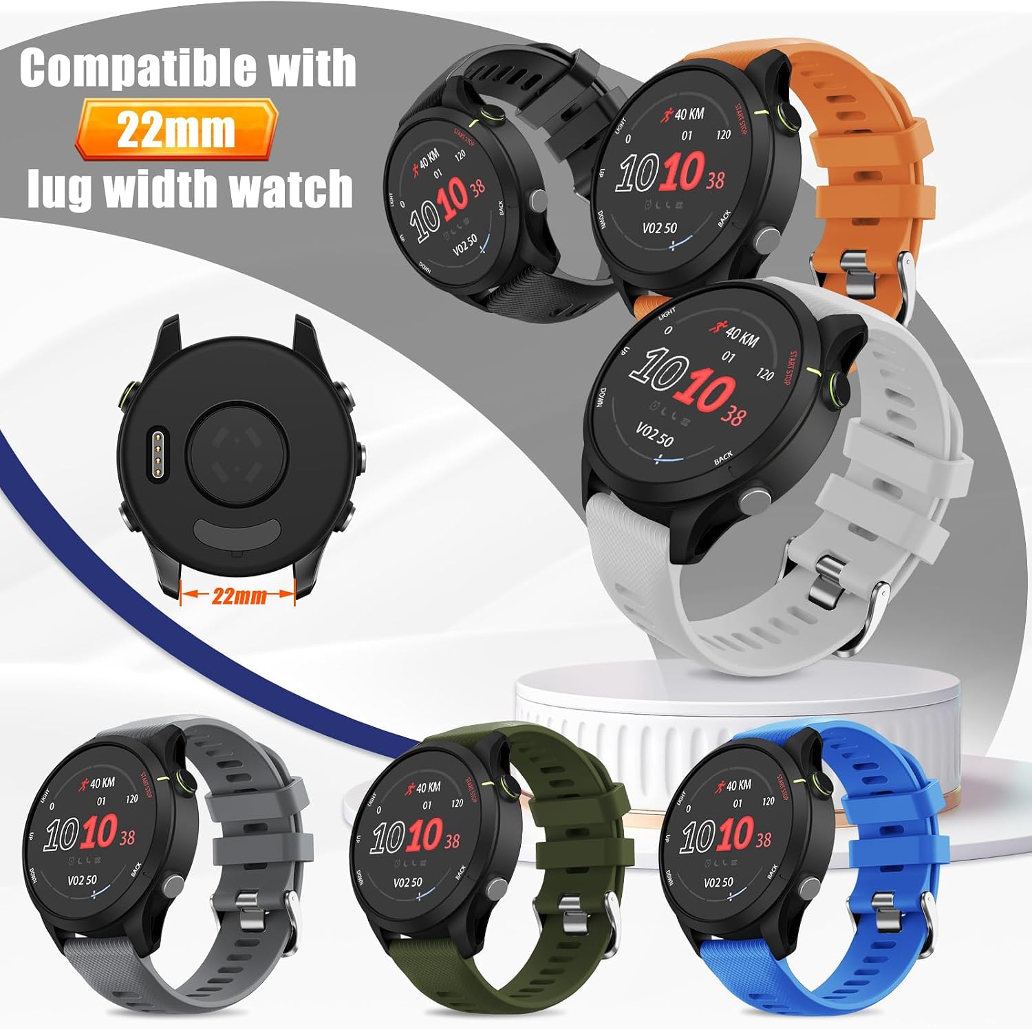 Detalle 2 de ANBEST Silikon-Armband (22 mm) kompatibel mit Garmin Forerunner 255/Vivoactive 4/Venu 2 & weiteren Uhren – Schnellverschluss