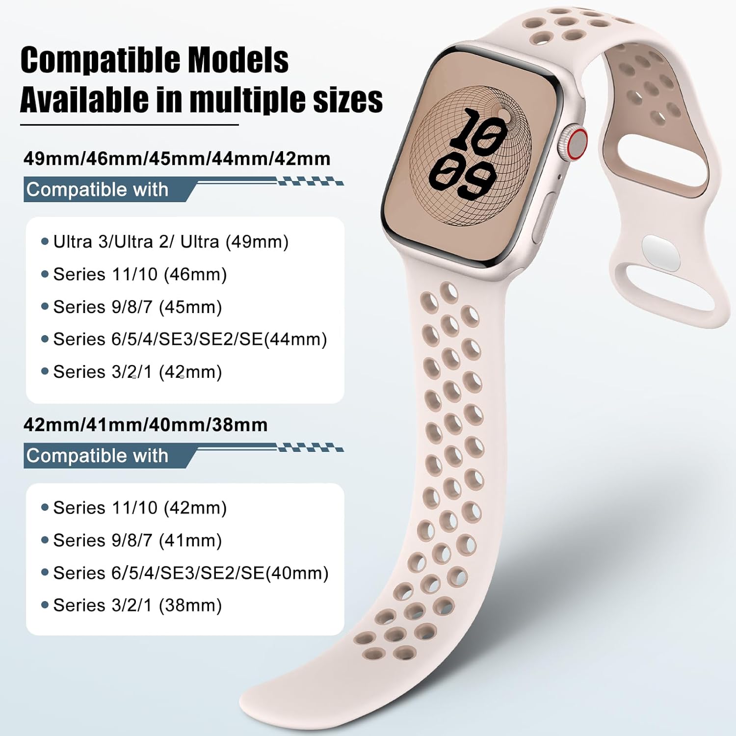 Thumbnail 2 de Yoohoo Breathable Silicone Sport Strap for Apple Watch (38–49mm) with Multi Holes – Starlight