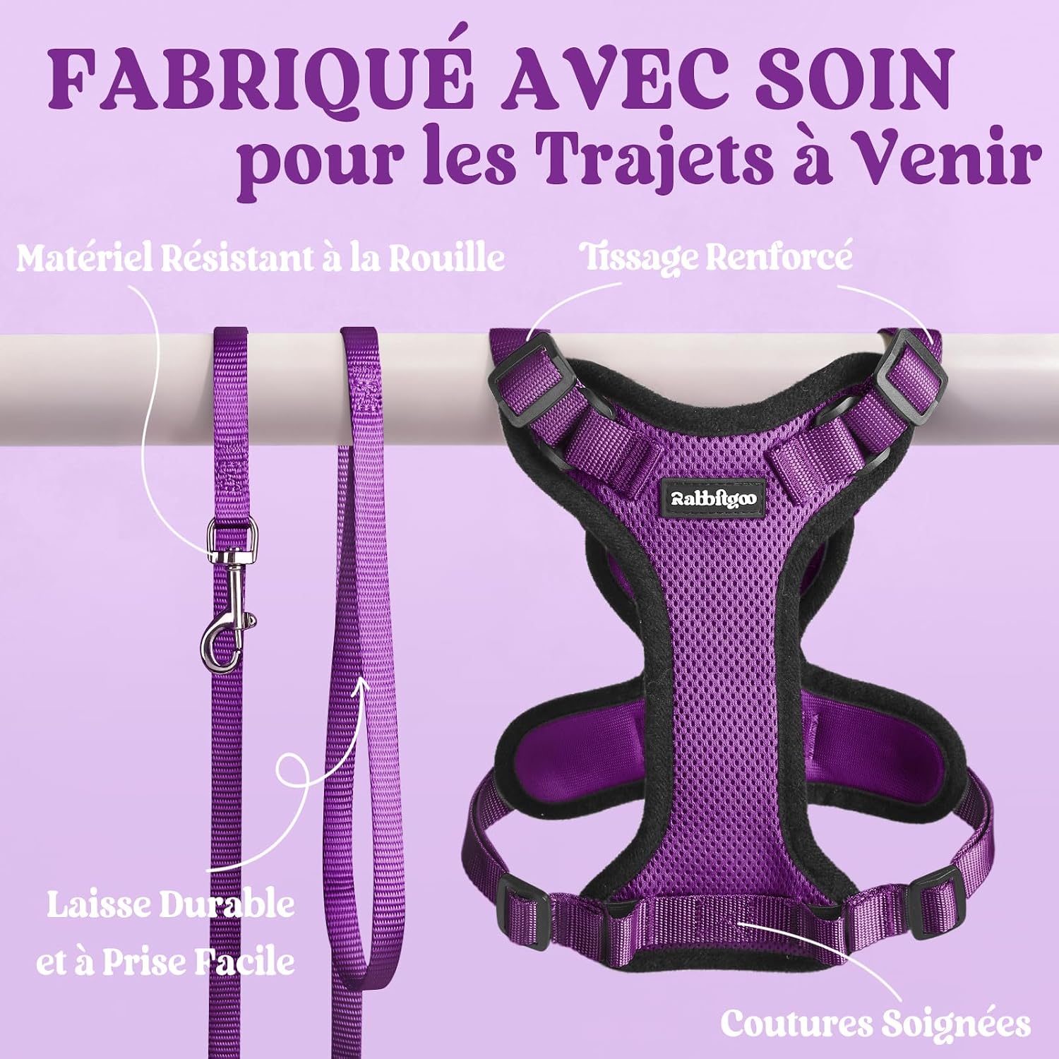Thumbnail 6 de rabbitgoo Harnais et laisse pour chat violet taille XS : harnais souple réglable anti-fugue