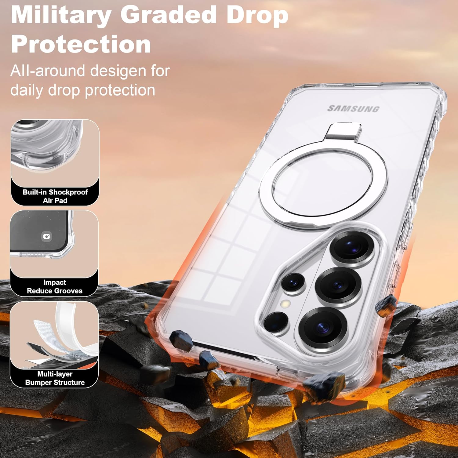 Thumbnail 5 de JQRZAOAK Clear Galaxy S26 Ultra Case with Magnetic Ring Stand — Military-Grade Wave Frame, Mag-Safe Compatible