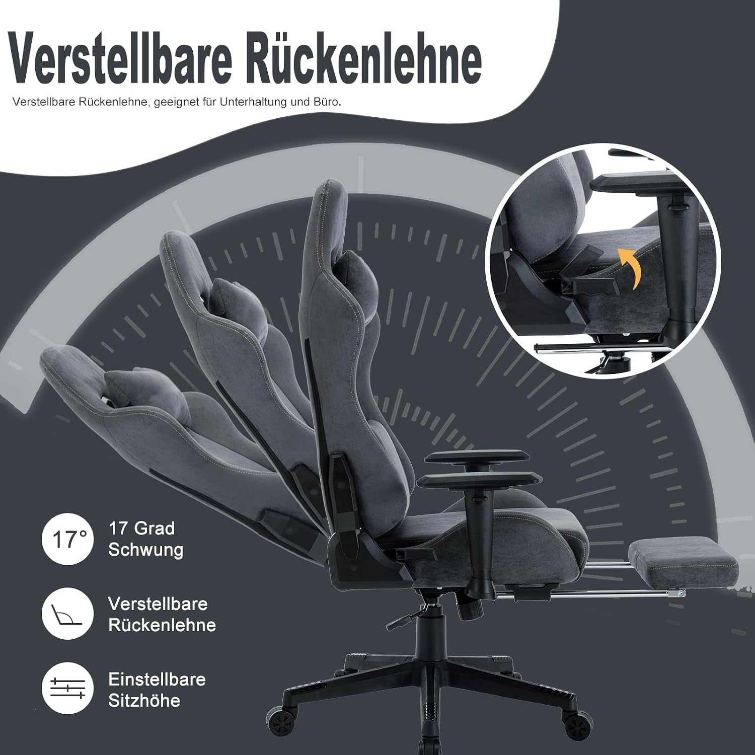 Detalle de Asukale Gaming Stuhl mit atmungsaktivem Stoff, verstellbarer Rückenlehne (90–150°) und Fußstütze – grau