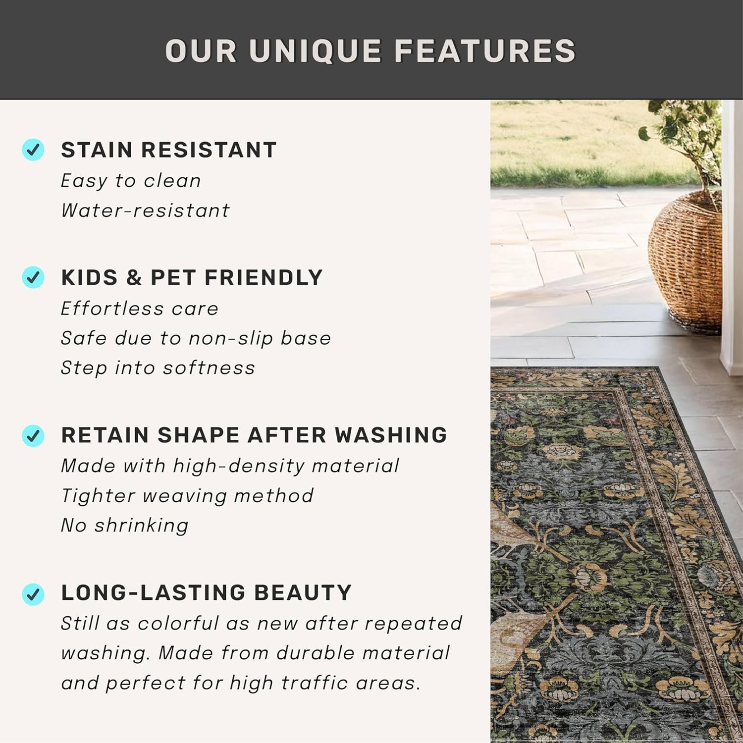 Thumbnail 5 de Vintage Green Rug for Extra Large Bedroom — 10x12, Washable, Non-Slip, Stain-Resistant Boho Floral Carpet