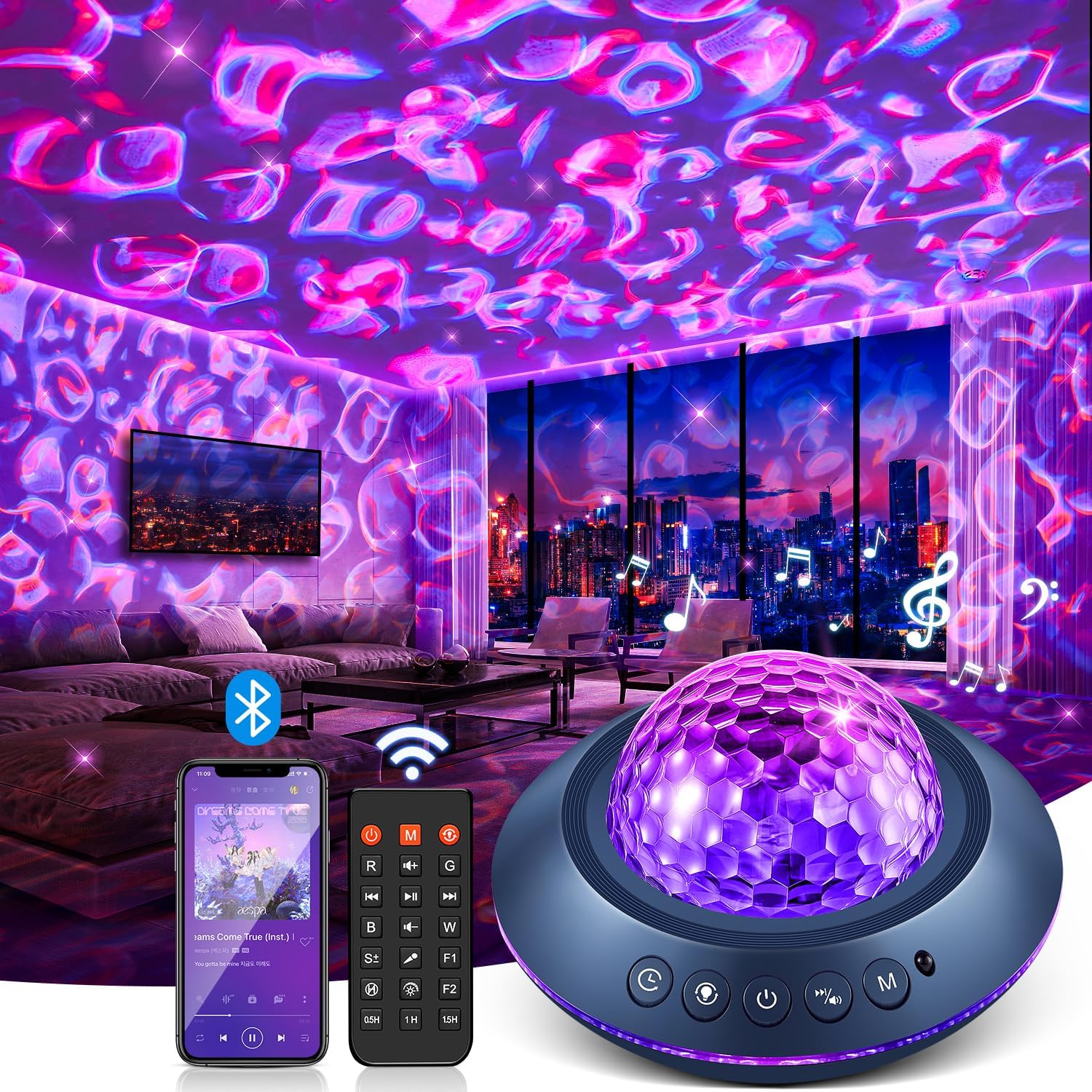 Detalle de One Fire Galaxy-Projektor Sternenhimmel mit 45 Lichtmodi, 15 Sounds, HiFi-Bluetooth und Wasserwellen
