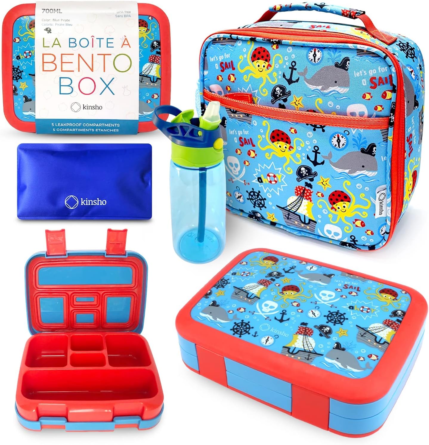 Detalle de Bento Box Blue Pirates 5-Compartment Kids Lunch Set 🍱