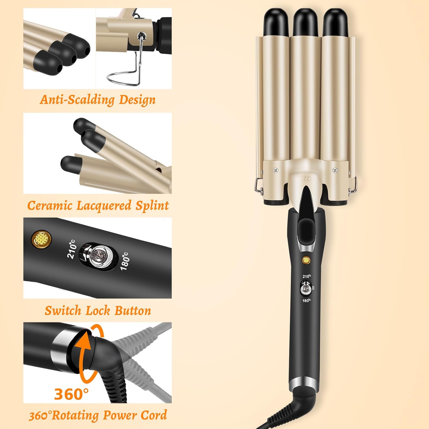 Thumbnail 1 de LAYADO Lockenstab mit 3 Fässern (22 mm) – einstellbare Temperatur 180/210 °C für Beach Waves