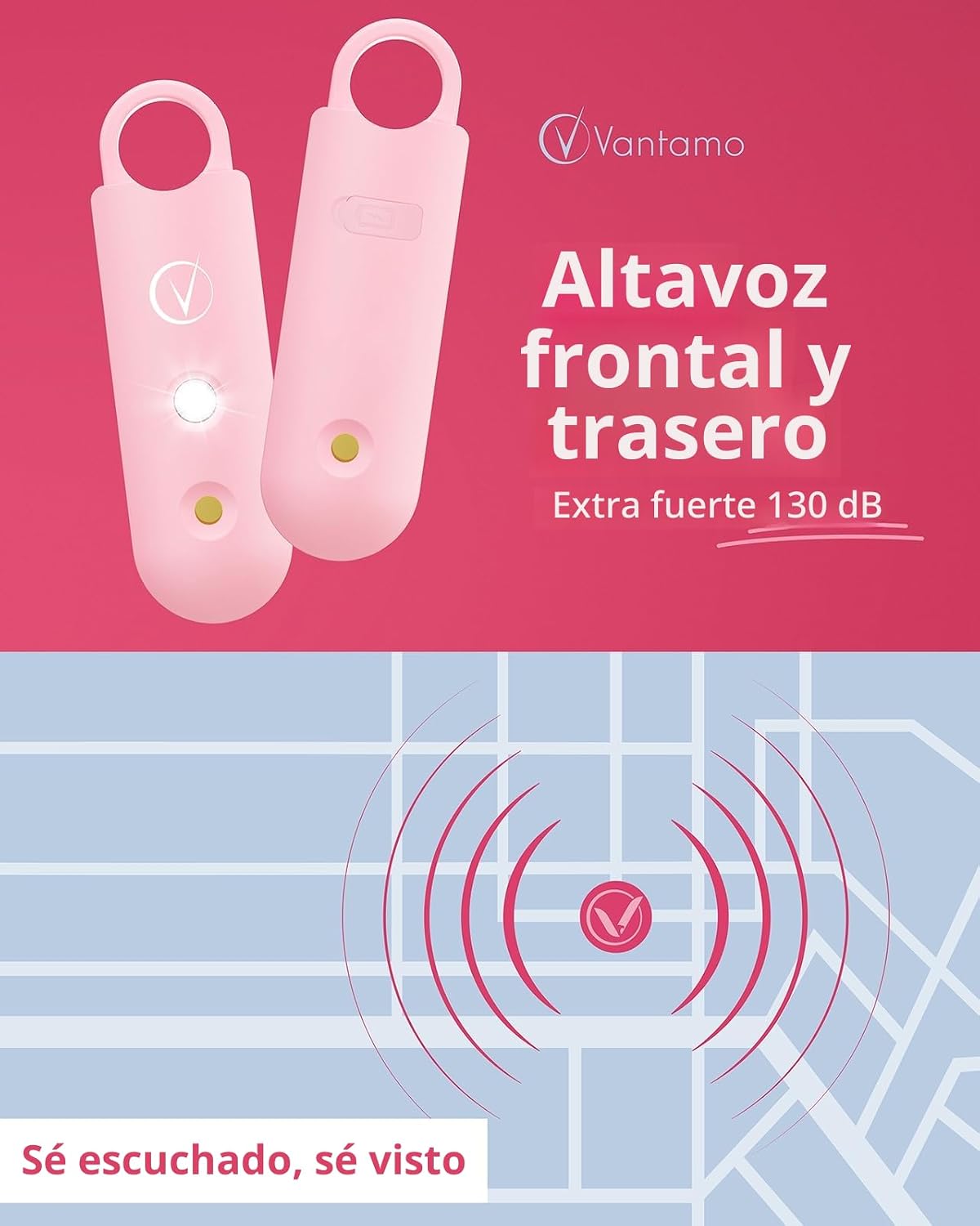 Detalle de Vantamo Alarma Personal para Mujeres 130 dB con Doble Altavoz y Luz Estroboscópica — Llavero de Autodefensa Compacto