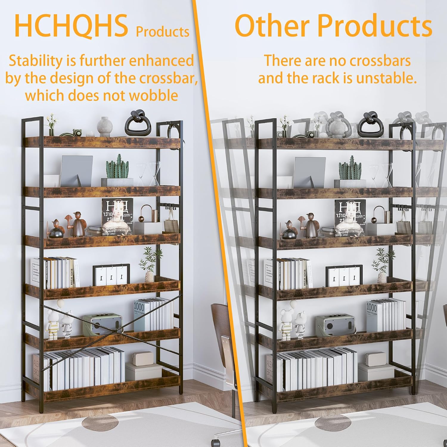 Detalle de HCHQHS BS-USBS-C-6 6-Tier Industrial Bookcase, Adjustable Shelves, Rustic Brown