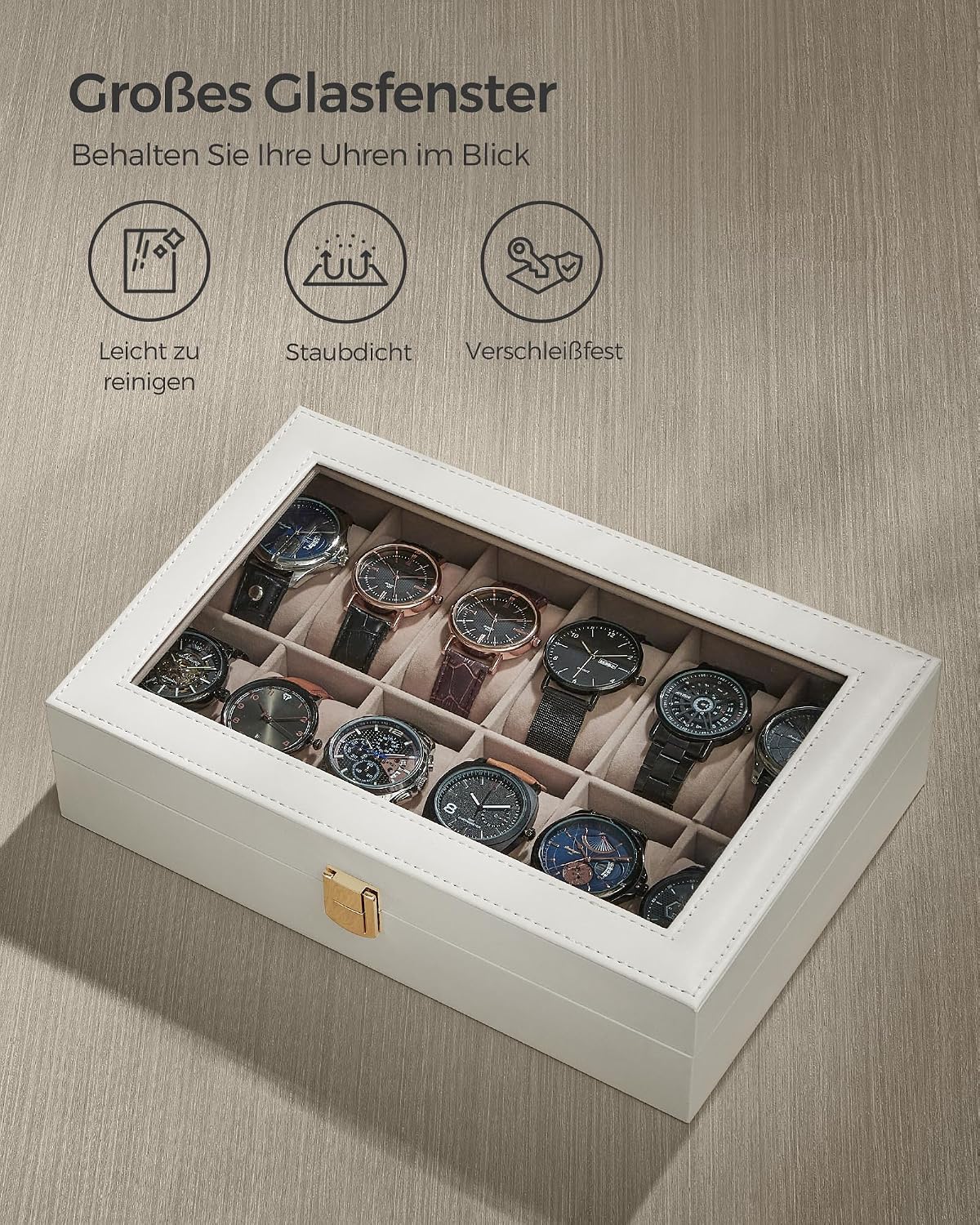 Detalle de SONGMICS Uhrenbox mit 12 Fächern, Glasdeckel und Schaumstoff-Polstern (JWB120W01)