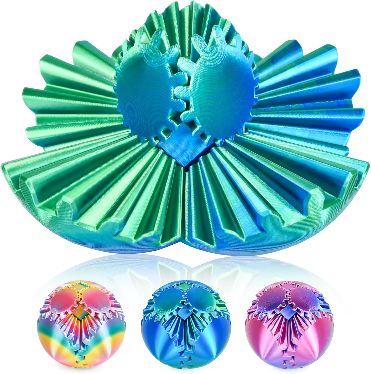 Gear Ball 3D Printed Fidget Toy Spinning Gear Sphere (Green, 2.5 inch)