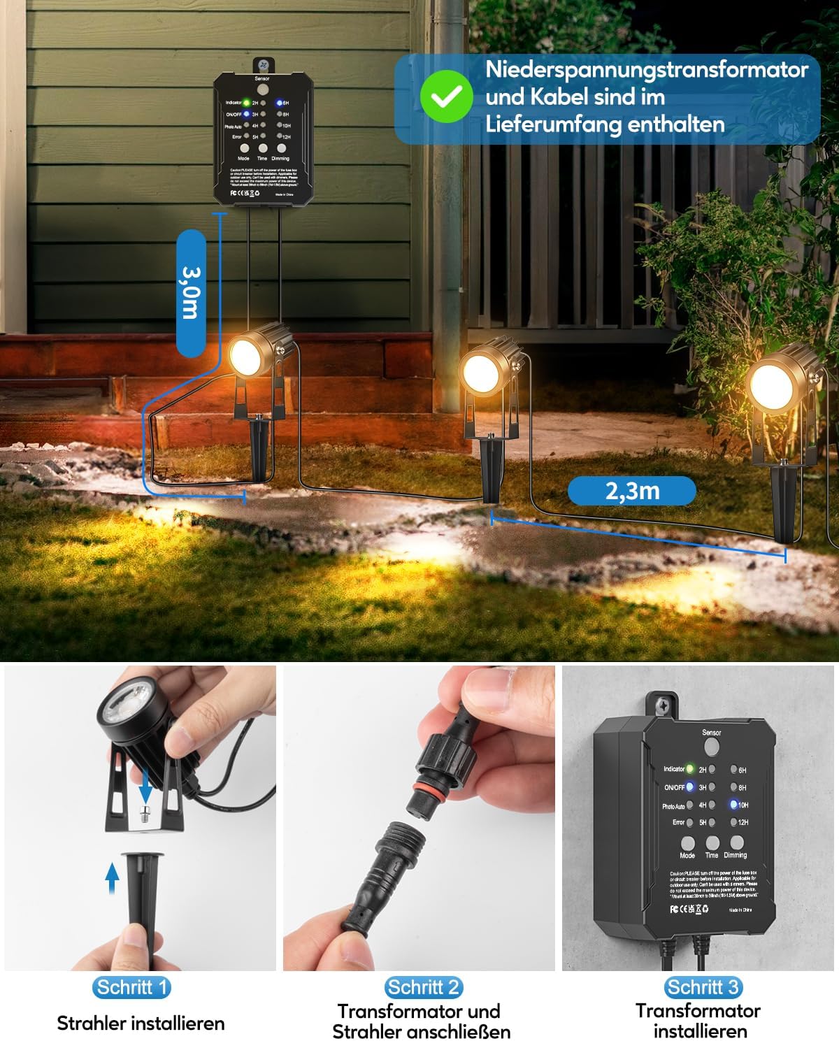 Thumbnail 4 de HIBOITEC mains powered dimmable garden lights kit (4-pack) with dusk sensor and transformer, 2700K warm white