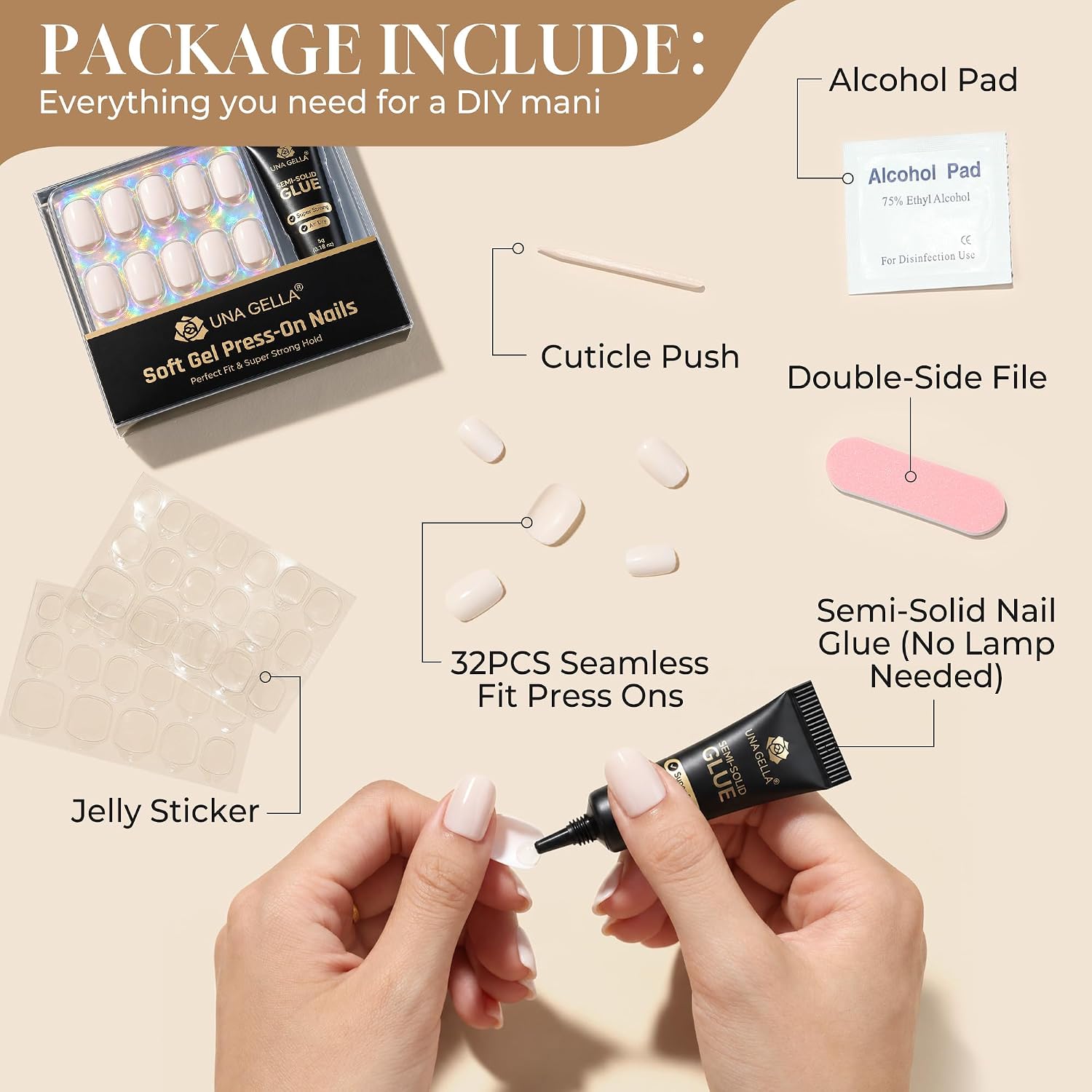 Detalle de UNA GELLA UG-BX010 Short Squoval Press-On Nails, Creamy White, 32-Piece Kit