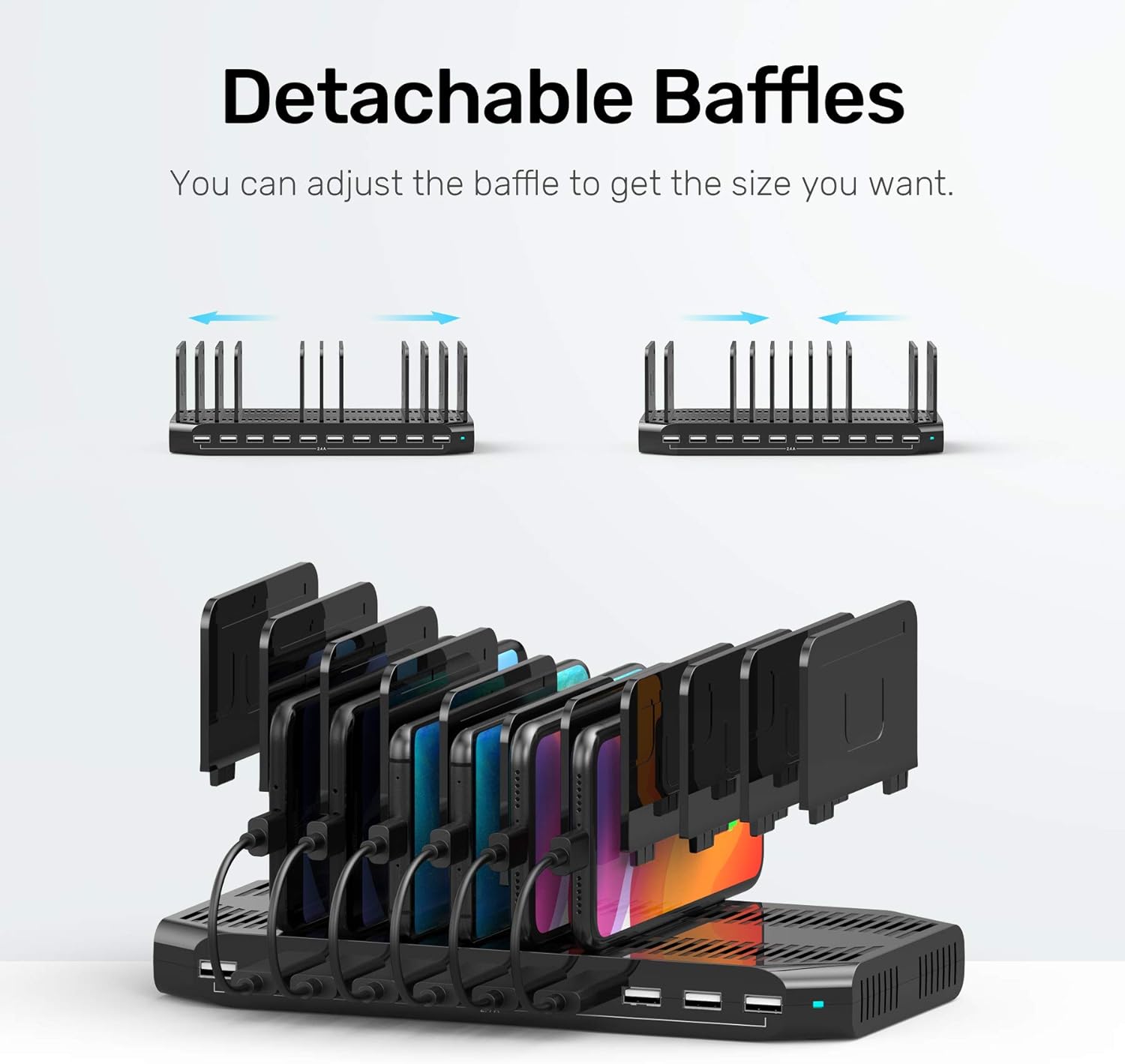 Detalle de Unitek 60W 10-Port USB Multi-Ladestation – flexible Ladestation mit einstellbaren Trennwänden