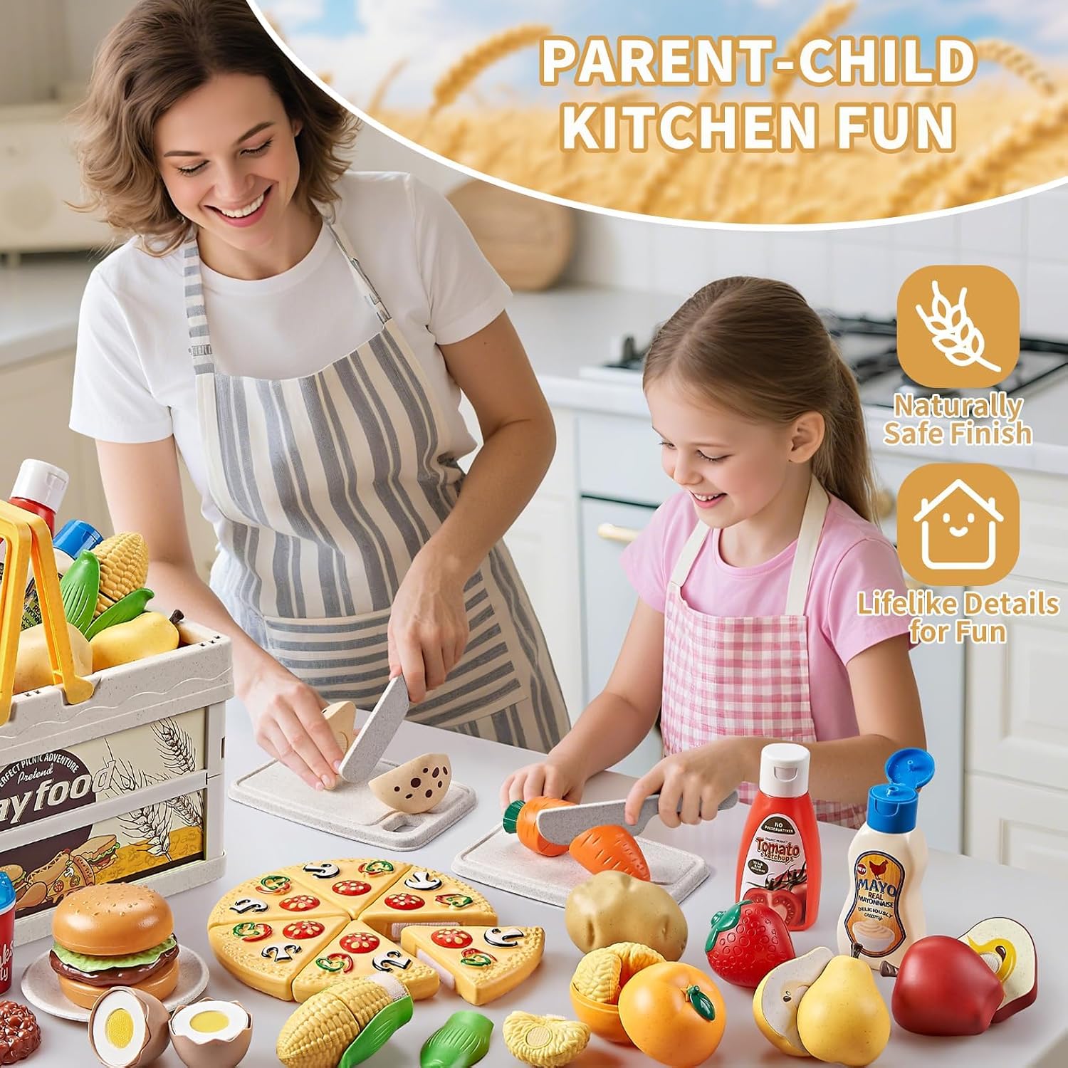 Thumbnail 4 de Play Food Sets for Kids Kitchen: 83-Piece Wheat Straw Pretend Play Food with Picnic Basket and Blanket