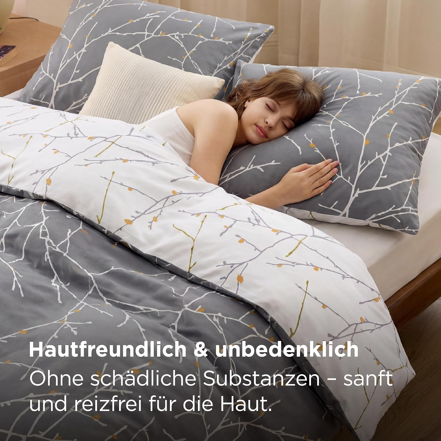 Detalle de BEDSURE Bettwäsche 135x200 aus Baumwolle in Grau – Wendebettwäsche mit Reißverschluss (2-teilig, 80x80)