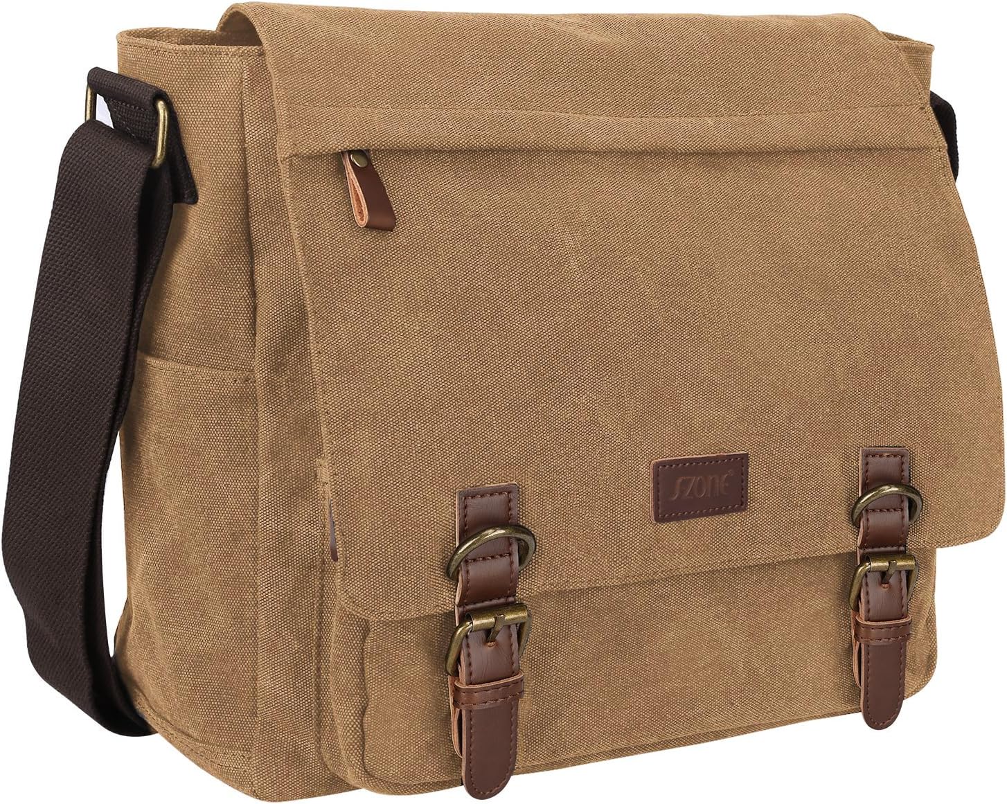 Detalle de S-ZONE Homme sac à bandoulière 15,6 pouces en toile vintage : sac messager pour ordinateur portable