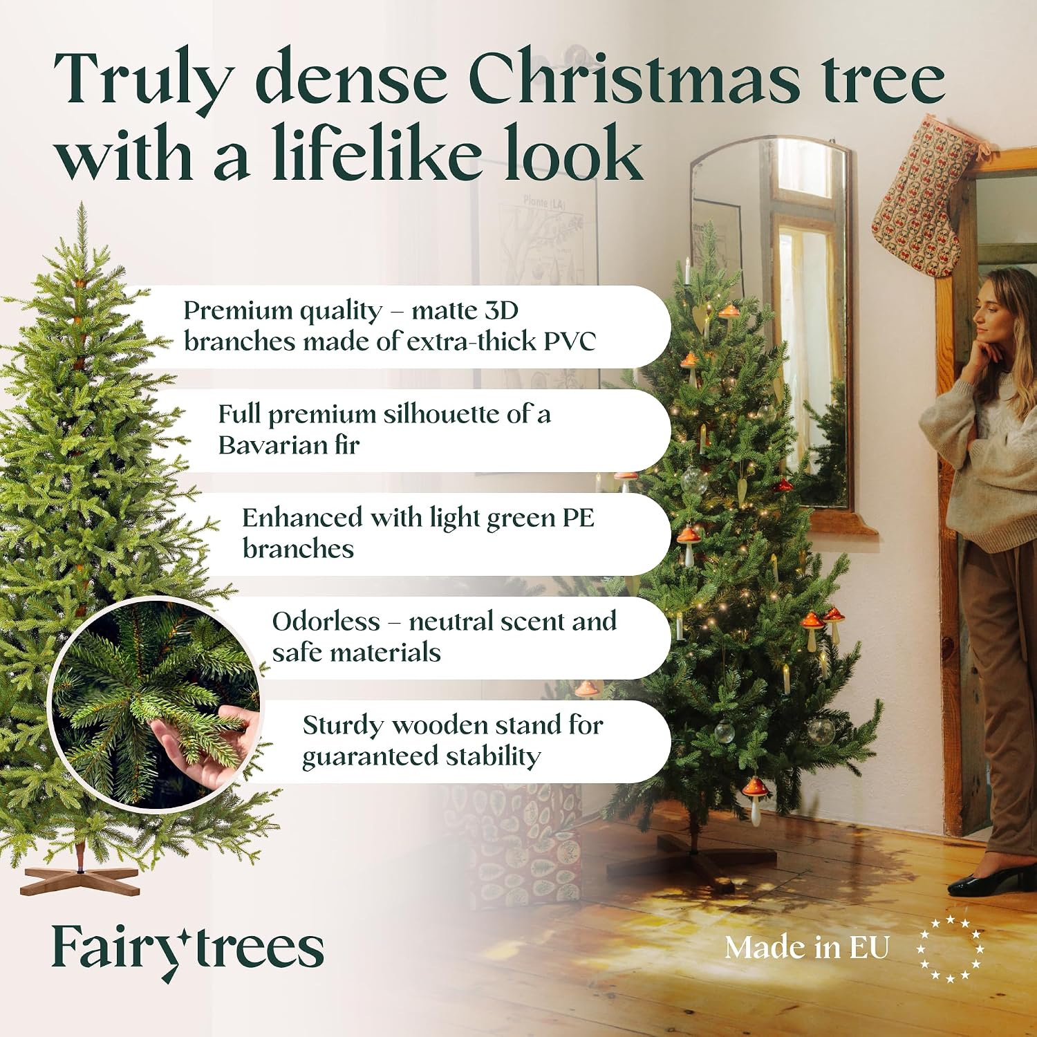 Detalle 2 de FairyTrees FT32 Bavarian Fir Premium Artificial Christmas Tree, 220 cm, PE Tips, Wooden Stand