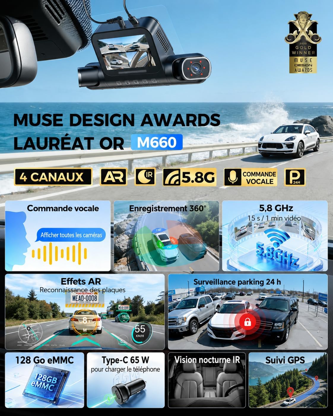 Detalle de AZDOME M660: Dashcam 4 canaux 360° avec 2,5K + 3x1080P, 128 Go eMMC, 5G WiFi & GPS