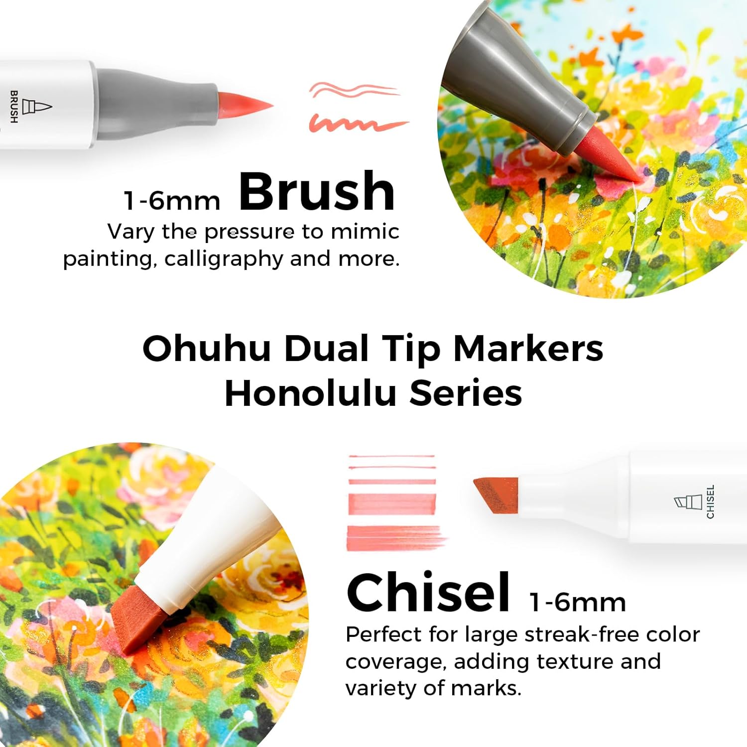 Thumbnail 1 de Ohuhu Honolulu Brush & Chisel Double Tipped Colouring Markers (Alcohol-Based) with Blender + Case