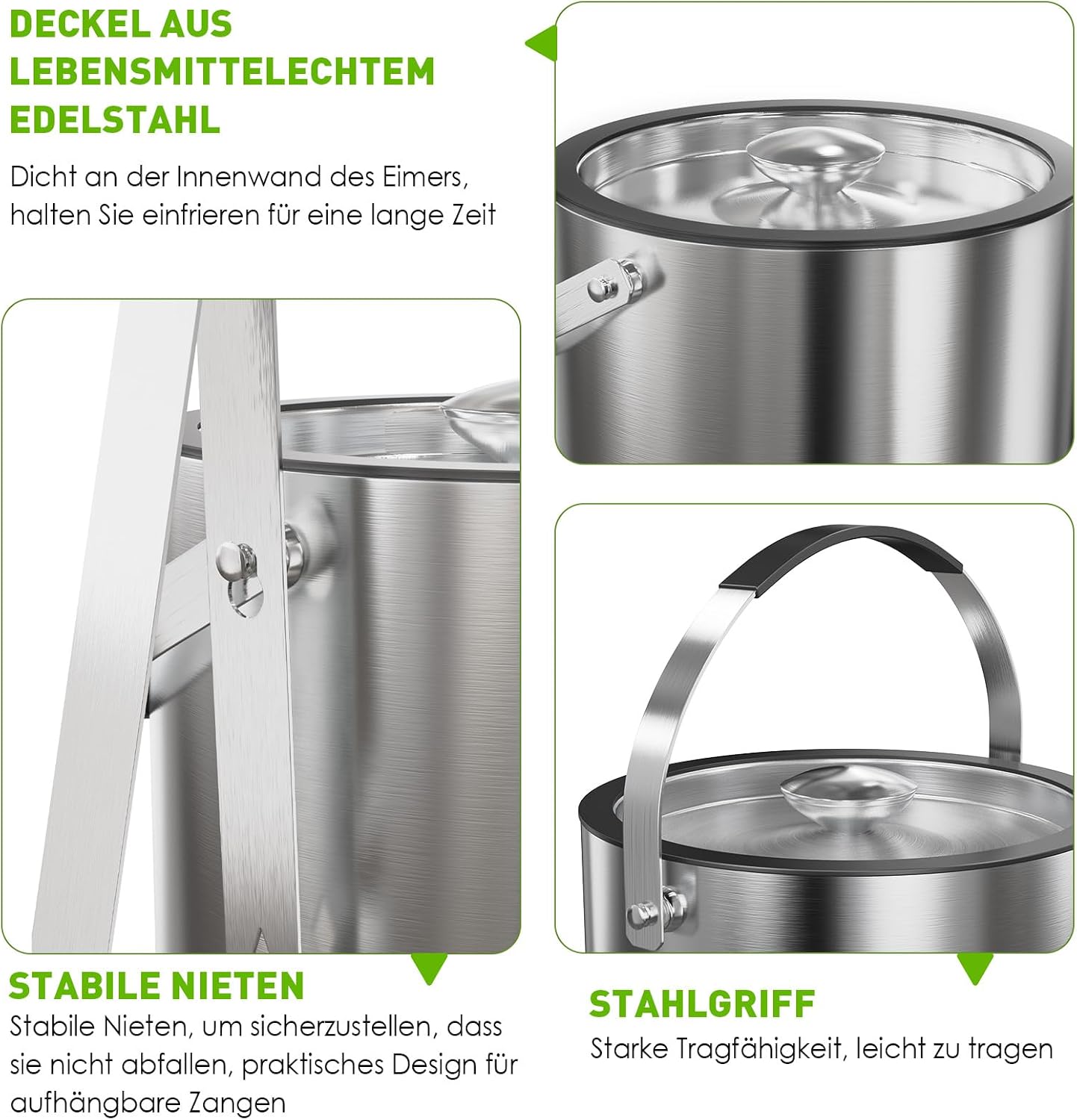 Thumbnail 2 de 3,2 L Eiswürfelbehälter mit Deckel und Zange – doppelwandig, vakuumisoliert, Edelstahl, inklusive Sieb