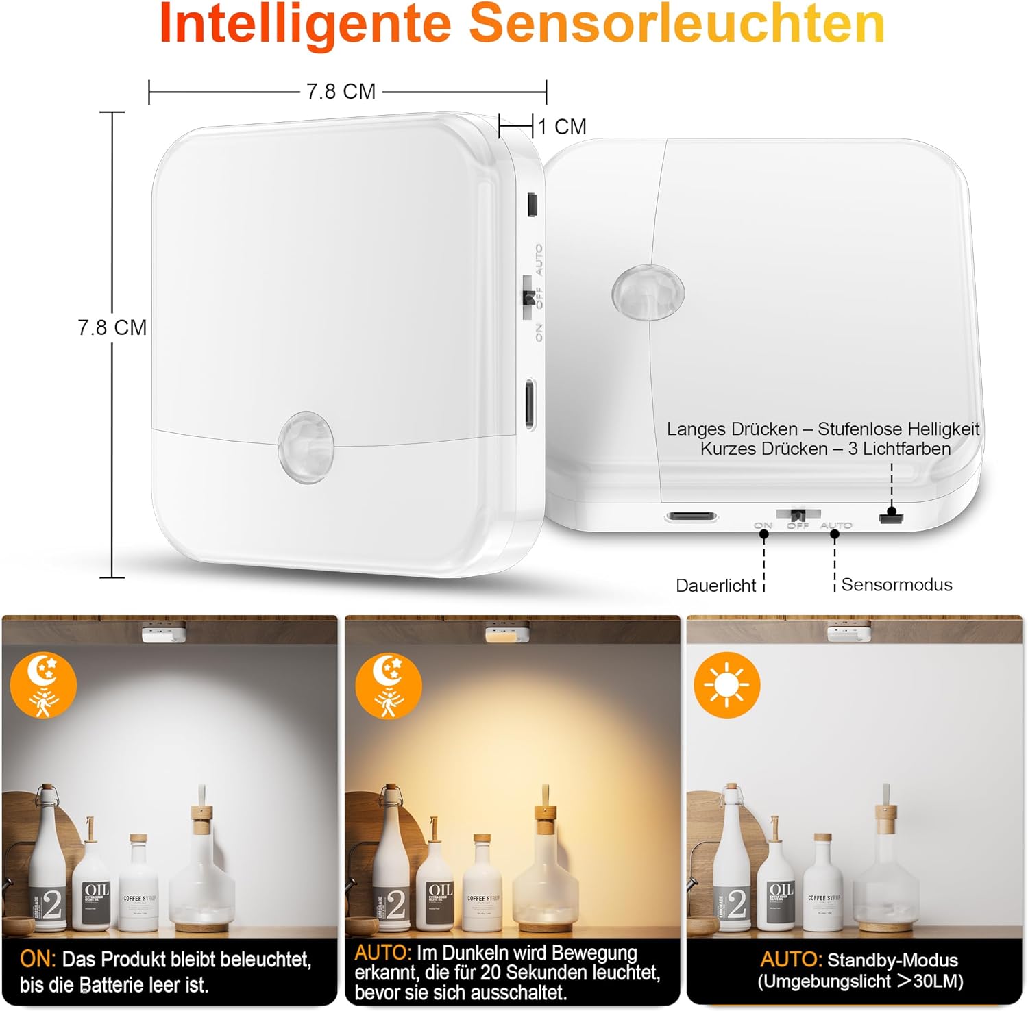 Thumbnail 1 de daphomeu 2 Stück Unterbauleuchten mit Bewegungsmelder – kabellose Nachtlichter mit 3 Lichtfarben und Dimmfunktion
