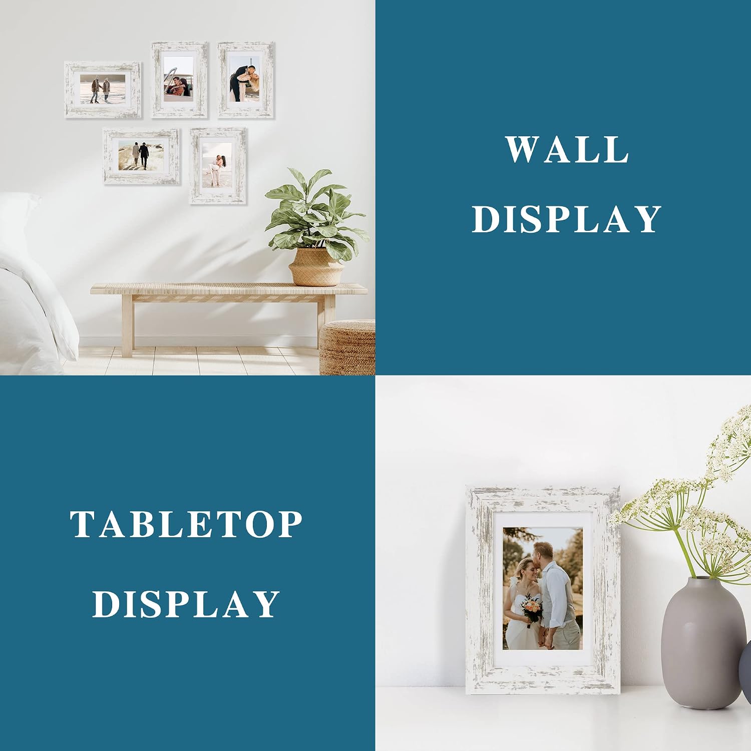 Detalle 2 de Hongkee 5x7 Picture Frame Set of 4 (Real Glass, Distressed White Wooden Frame) for Wall or Tabletop