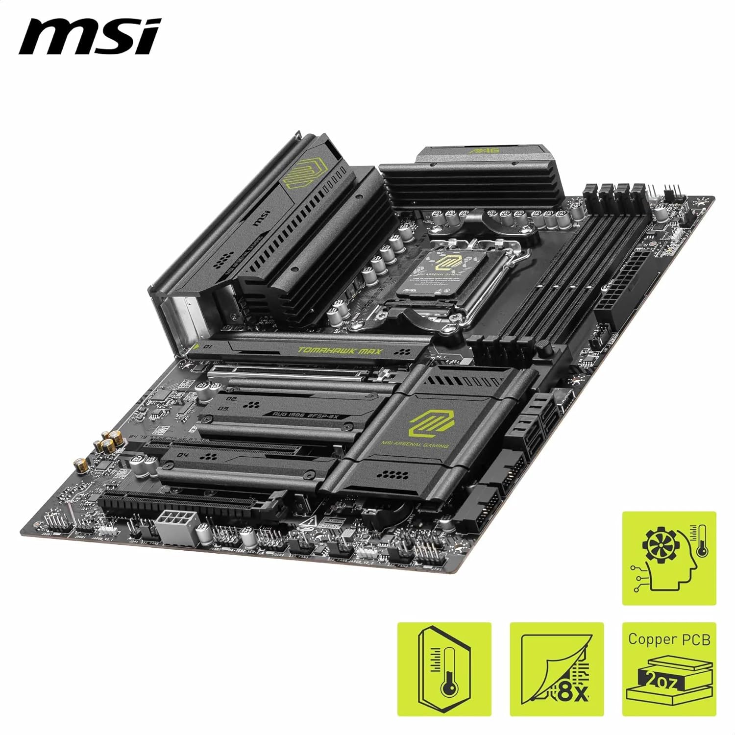 Detalle de MSI MAG B850 TOMAHAWK MAX WIFI (ATX) AM5 motherboard with Wi‑Fi 7 and 5G LAN