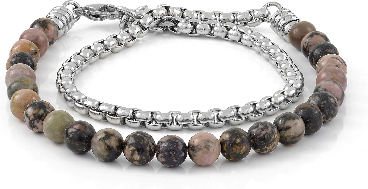 Detalle de Bracciale Unisex 10:10 con Pietre Naturali 6 mm e Catena Veneziana in Acciaio Inox – Made in Italy
