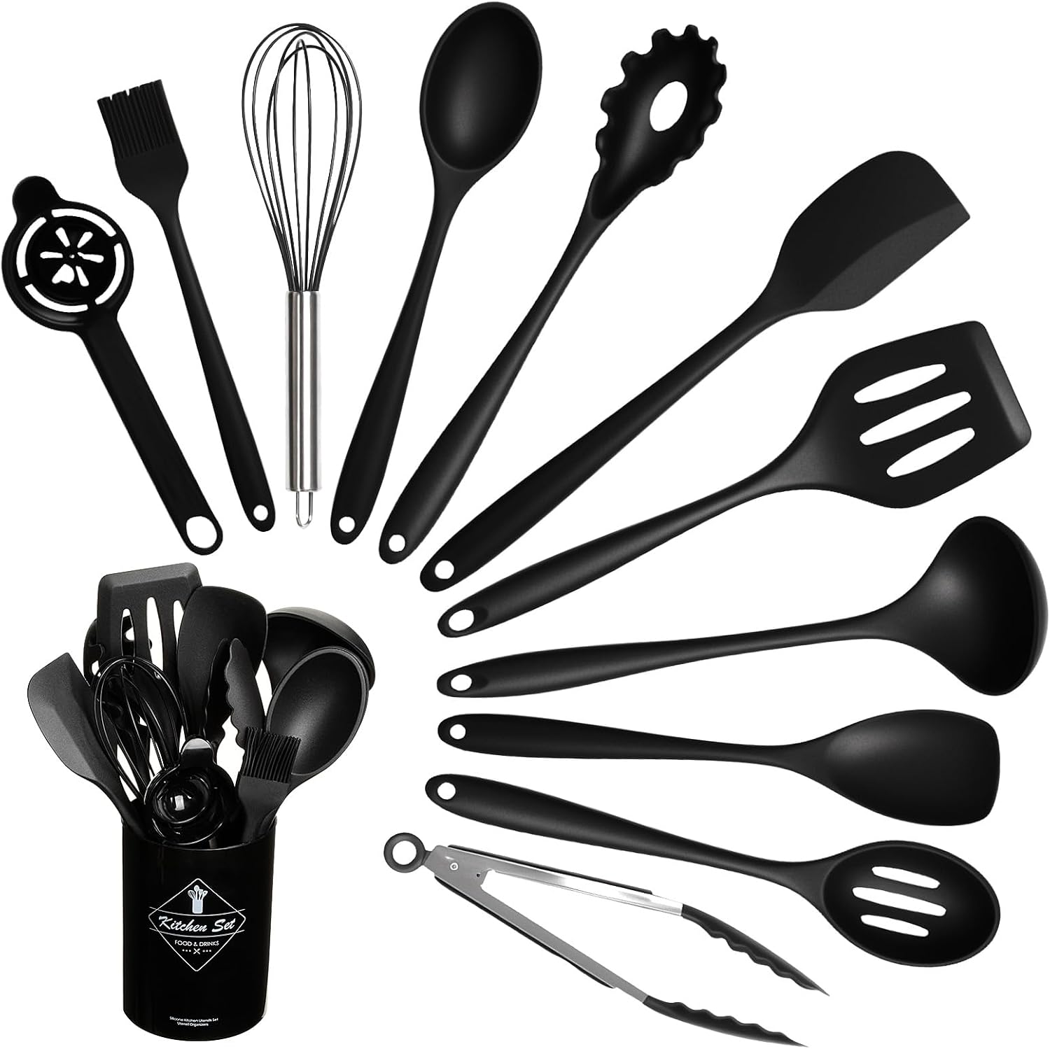 Detalle de VINATO 12-Piece Silicone Kitchen Utensil Set, Black, Dishwasher-Safe