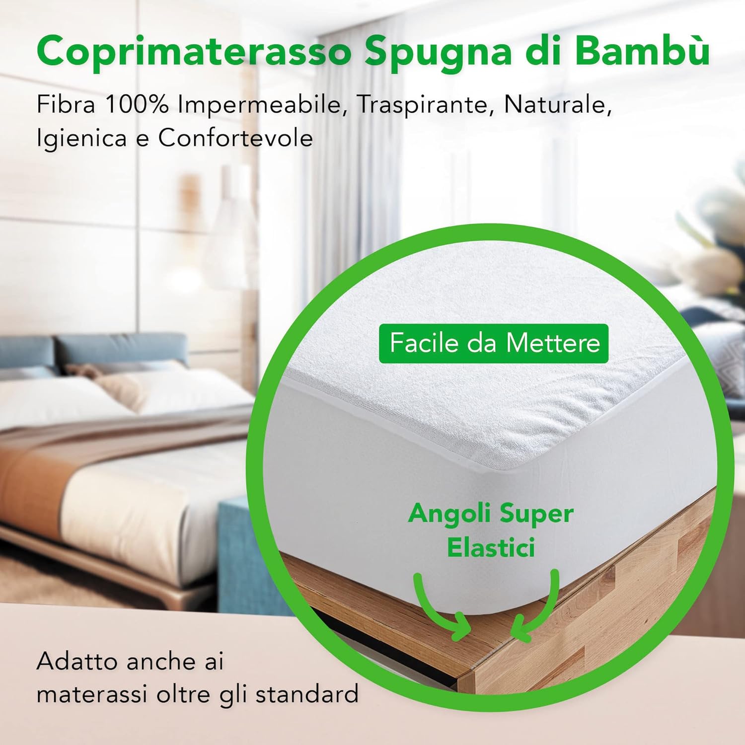 Thumbnail 1 de Coprimaterasso impermeabile 120x190 in tessuto di bambù naturale con angoli elastici – Una Piazza e Mezza