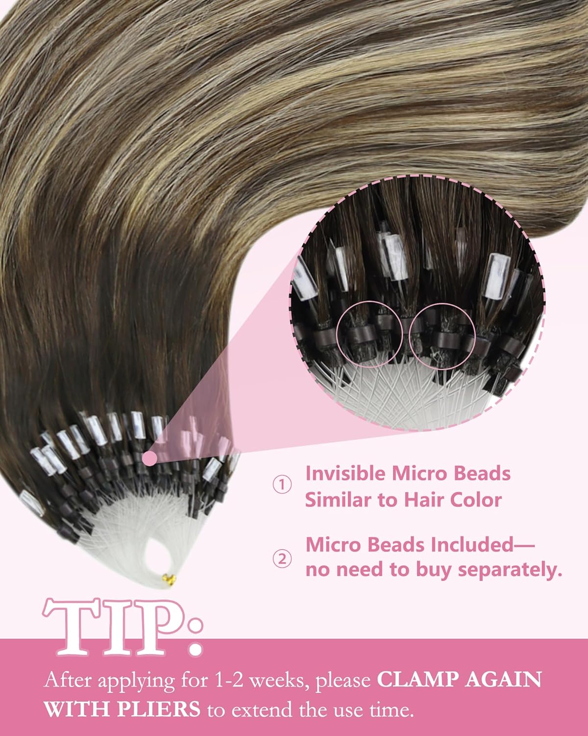 Detalle 2 de YoungSee Echthaar Microring Extensions Ombre 45 cm – Dunkelbraun/Aschblond, Remy Glatt