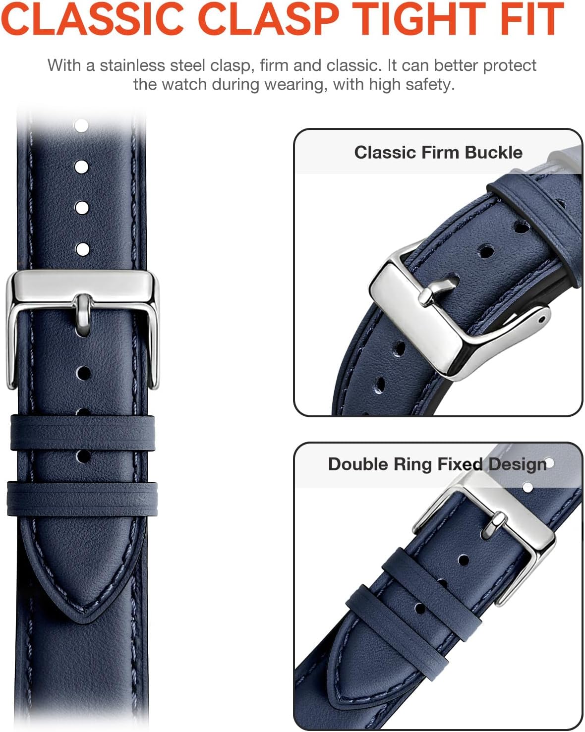 Detalle de SUNFWR Leather Watch Strap for Apple Watch (40mm–42mm) – Darkblue/Silver