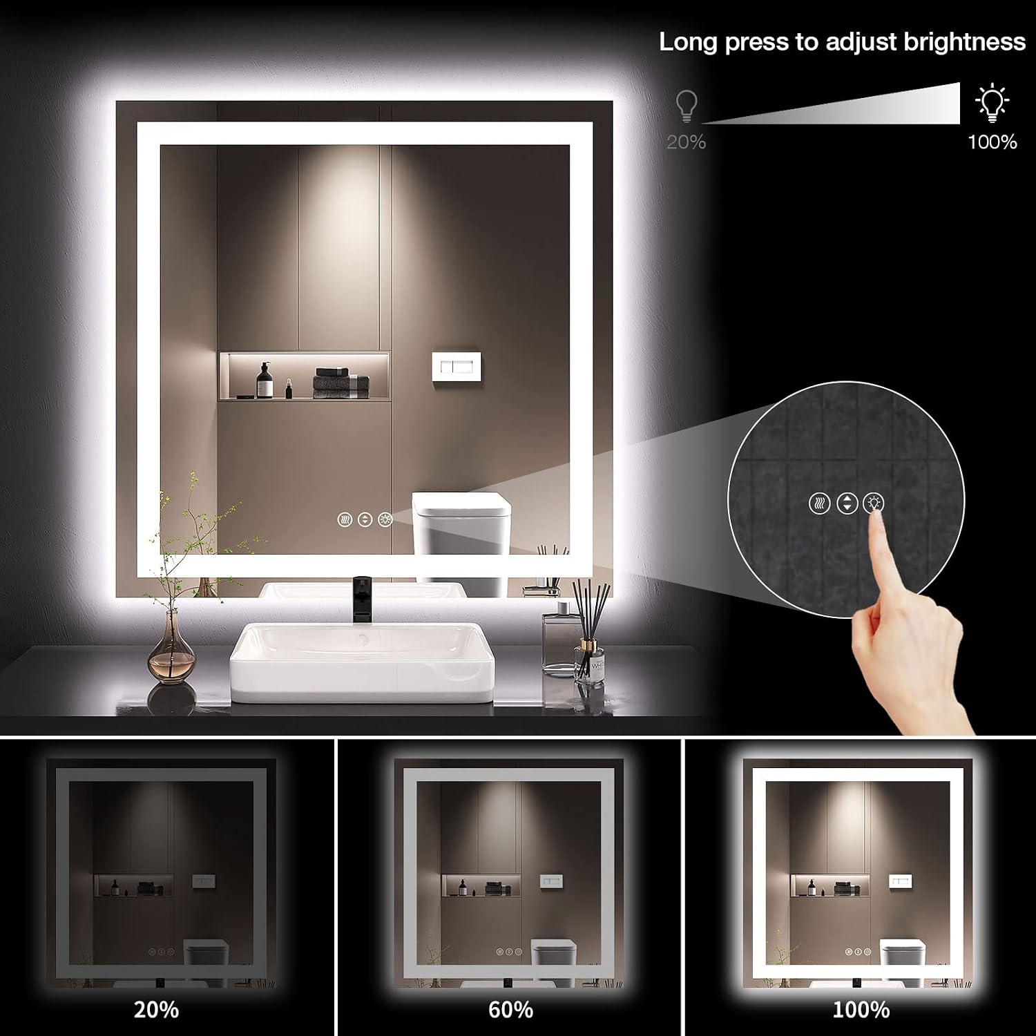 Detalle 2 de LOAAO 36x36 LED Bathroom Mirror dimmable