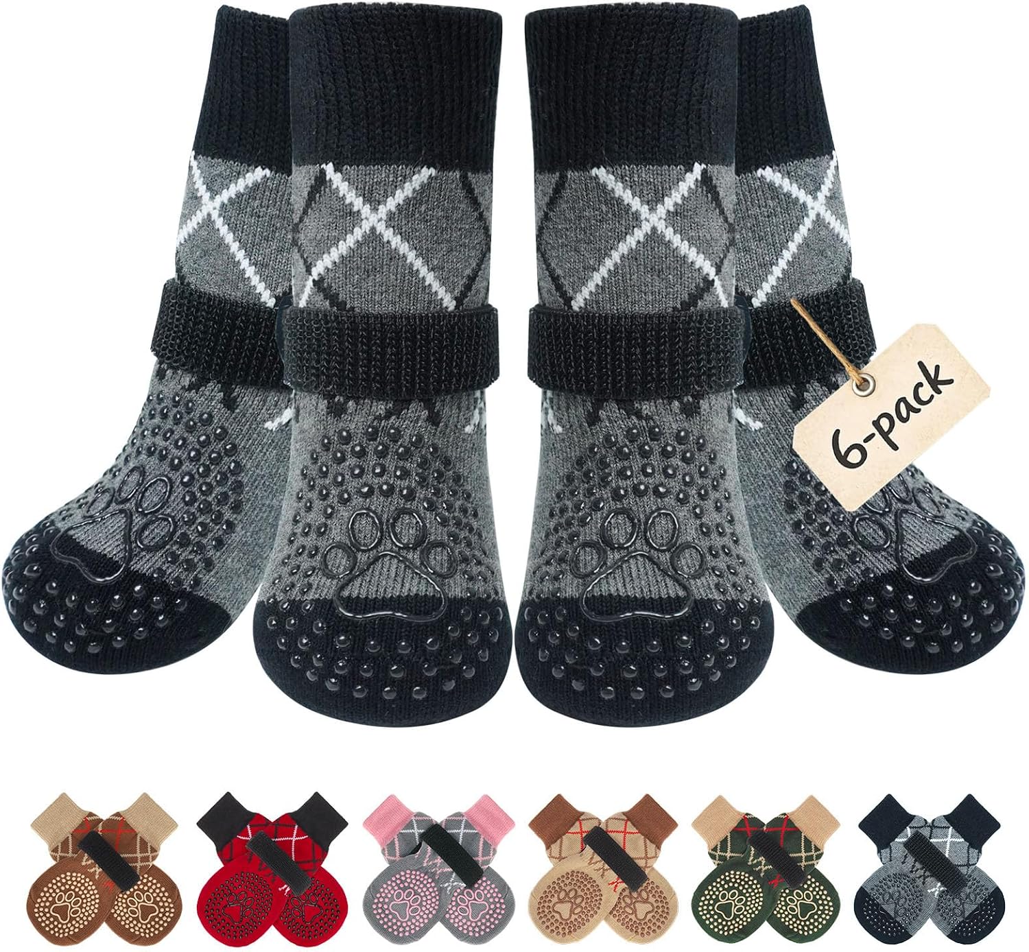Detalle de BEAUTYZOO Hundesocken Anti Rutsch im 6er-Set (doppelseitig, mit Klett-/Riemenverschluss) – Größe S
