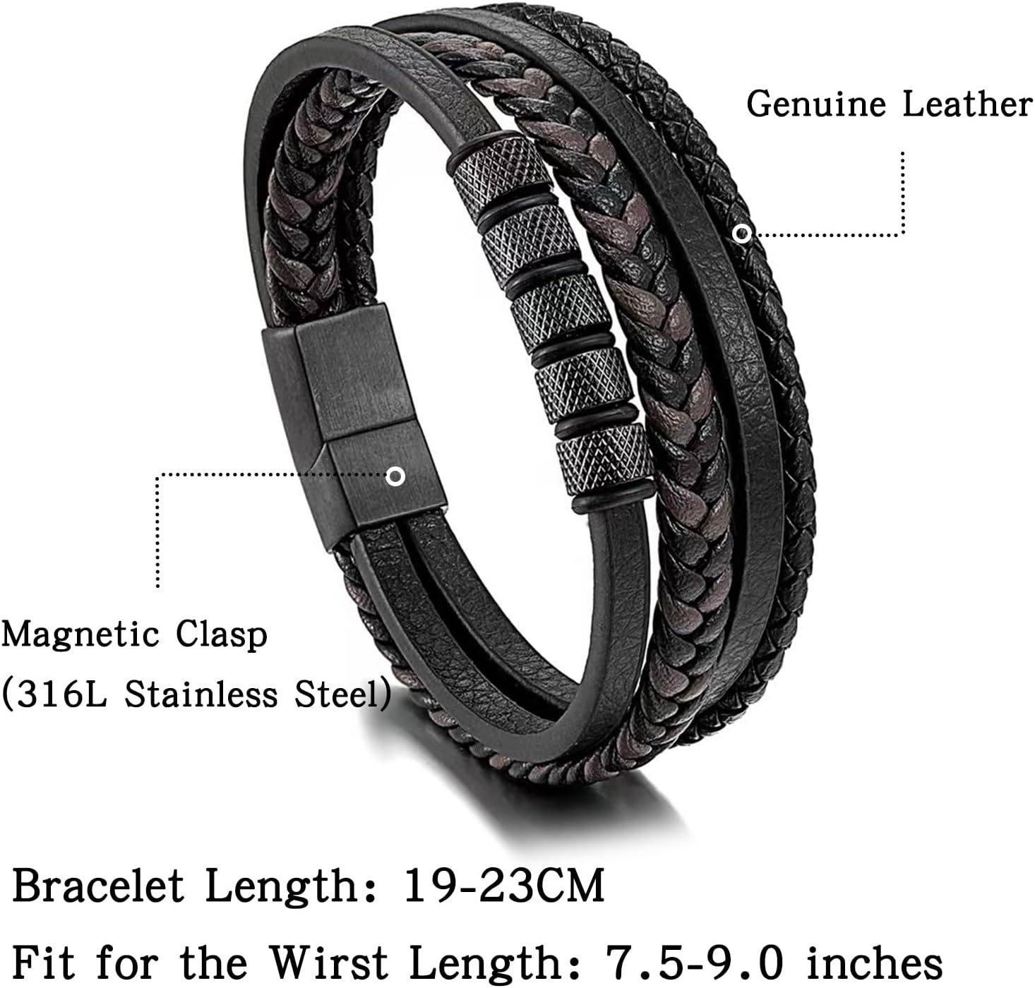 Detalle 2 de JSNOM Herren Lederarmband aus echtem Rindsleder mit 316L-Edelstahl und Größenwahl