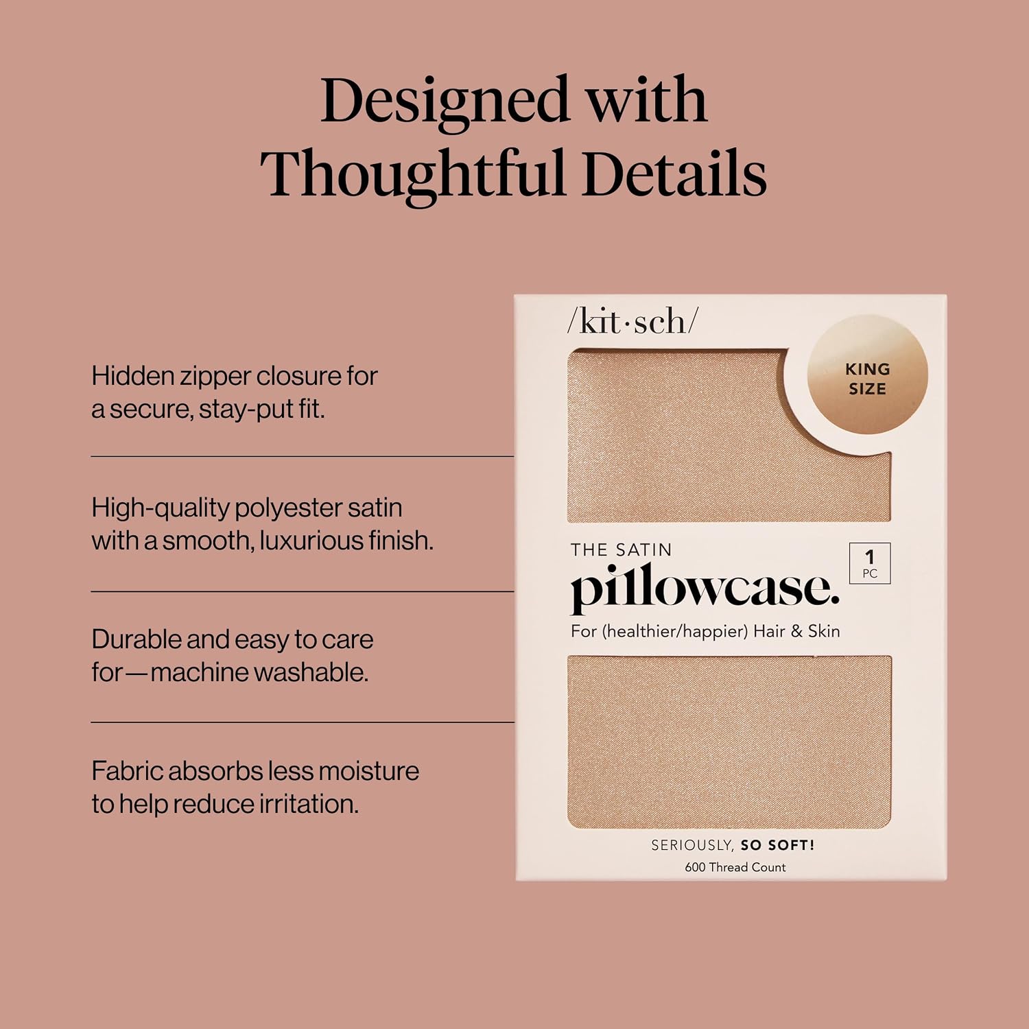 Detalle de Kitsch Satin Pillowcase with Zipper, King Size, Champagne