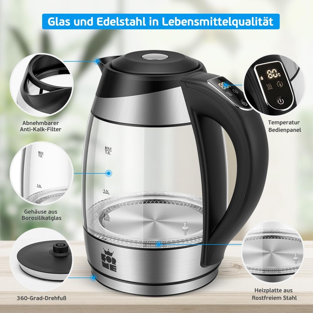 Thumbnail 2 de FOR ME Glas-Elektrischer Wasserkocher 1,8 l mit Temperaturwahl (40–100 °C) & Warmhaltefunktion