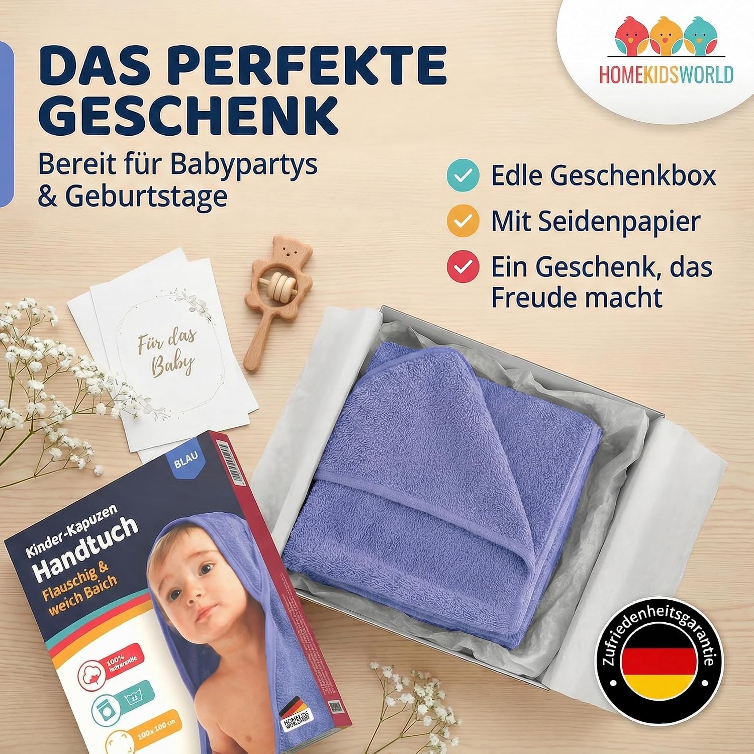 Detalle 2 de Home Kids World Kapuzenhandtuch Baby 100x100 cm (beige) – Weiches Handtuch mit Kapuze in Geschenkbox