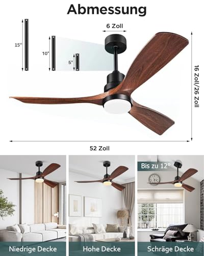 Detalle 2 de Forrovenco 132 cm Ventilateur Plafond Bois avec Lumière et Télécommande – 3 Pales Noyer