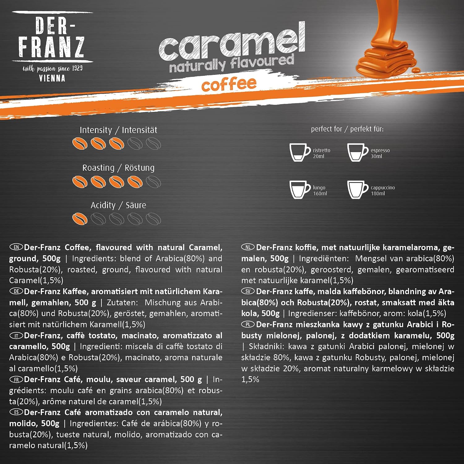 Detalle de DER-FRANZ Kaffee aromatisiert mit Karamell, gemahlen – 2 x 500 g