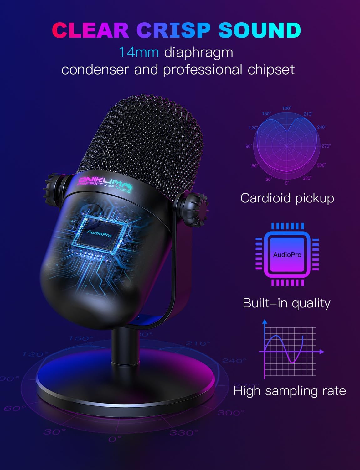 Detalle 2 de ONIKUMA GAMING USB Condenser Gaming Microphone with Noise Cancellation & Mute Button (Black)